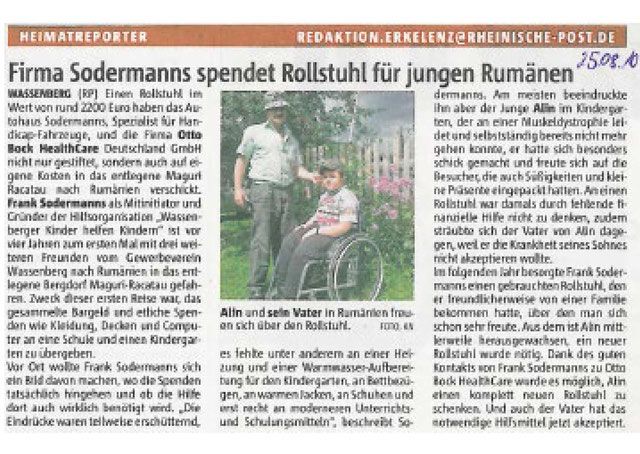 Charity- & Spendenprojekte, Firma Sodermanns Rollstuhlspende an jungen Rumänen